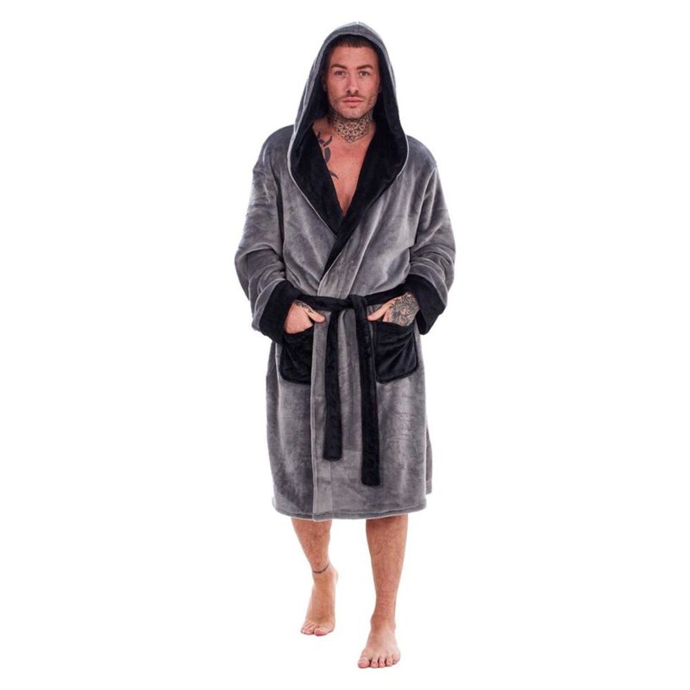 Keanu Mens Fleece Bathrobe / Gray/Black